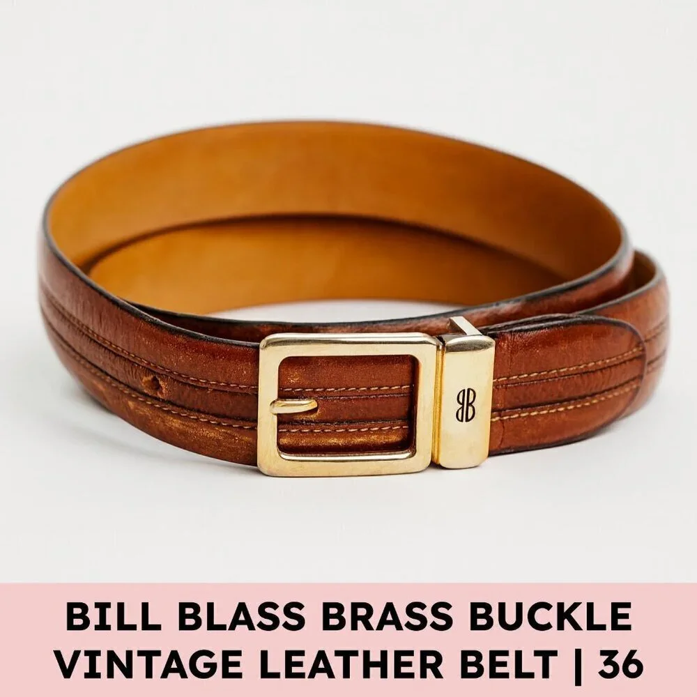 Bill Blass Vintage Leather Belt Brass Buckle Made in USA 36 Quiet Luxury